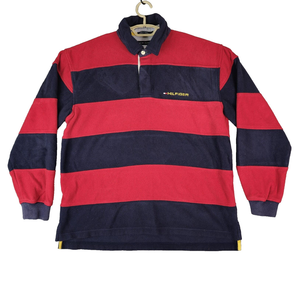 Vintage‎ Tommy Hilfiger Fleece Mens Large Red Blue Rugby Stripe Pullover 2002